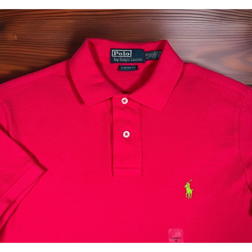 NWOT Polo Ralph Lauren Mens Small Custom Fit Pink Pique Polo Shirt Lime Pony